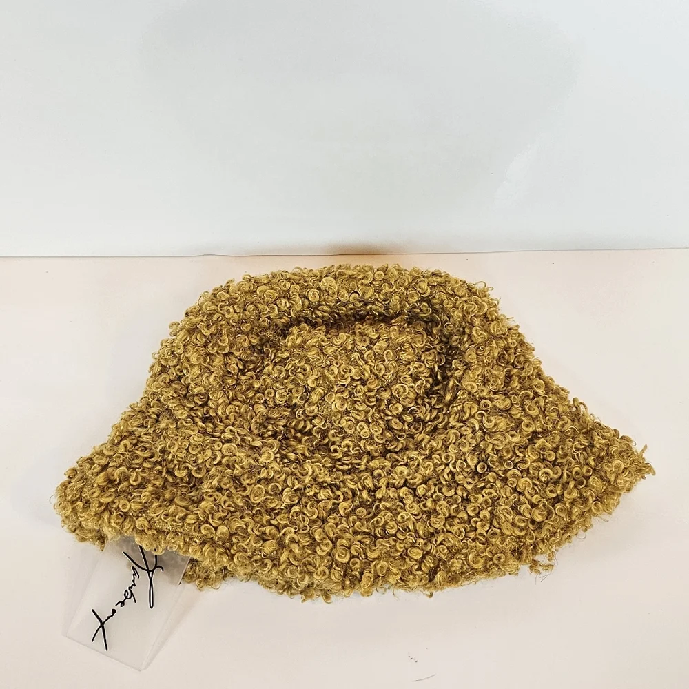 Tyler Lambert Mustard Teddy Faux Fur Bucket Hat NWT One Size Statement Luxury